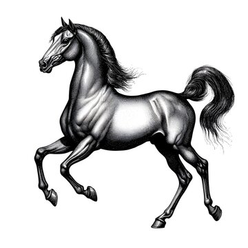 Majestic Rearing Arabian Horse Illustrated in Intricate Woodcut Engraving Style with Fine Linework and Shading Creating a Vintage Etching Effect Isolated on a White Background