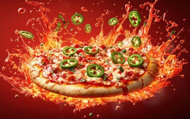 Flying Spicy Mexican Pizza with Jalapeno Sauce Splashes on Fiery Red Background