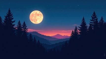 Serene Nighttime Landscape Featuring a Large Orange Moon Over Silhouetted Pine Trees and Distant Mountain Range