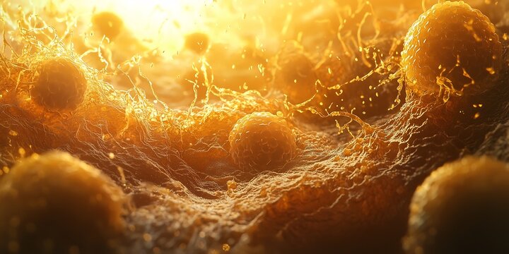 Photo realistic depiction of autophagy lysosome digesting cellular debris glowing process intricate texture cinematic golden hour light gradient accurate proportion symmetrical alignment