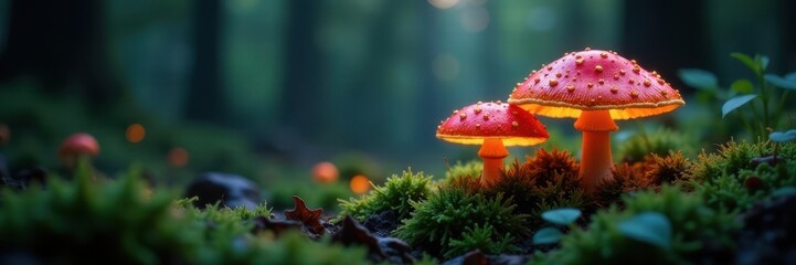 Fototapeta premium Glowing mushrooms on mossy forest floor, ethereal glow , ecology, fairytale forest