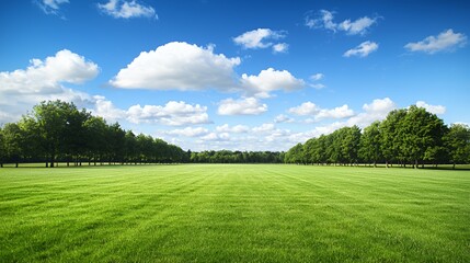 Obraz premium Vibrant Green Field with Lush Trees under a Sunny Blue Sky
