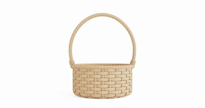 4k Resolution Video: Wooden Wicker Basket Seamless Looped Rotating on a white background with Alpha Matte