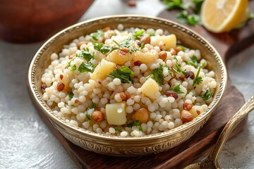 Traditional Sabudana Khichdi in Brass Bowl with Peanuts, Potatoes, and Cilantro Garnish