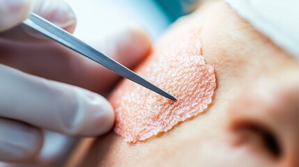 Close-up of a surgeon applying a bioengineered skin graft with tweezers on a patient's face. Concept of medical innovation, skin regeneration, and advanced wound healing.
