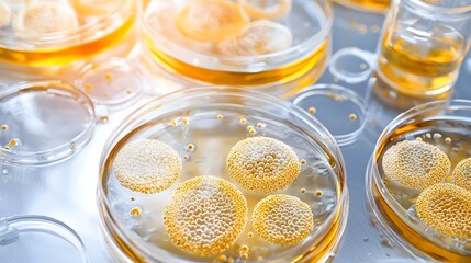 Petri dish filled with bacilli bacteria colonies reacting to an experimental drug with natural daylight highlighting the intricate bacterial patterns in a refined laboratory themed medium shot