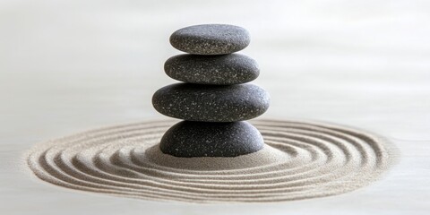 Balancing stones on sand create a serene arrangement in a tranquil setting