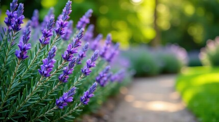 Obraz premium Vibrant purple blossoms flourishing in a sunlit garden path scene