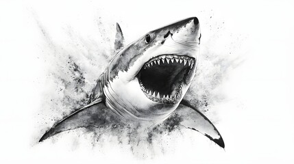 Powerful and Fierce Great White Shark Emerging from the Depths of the Ocean in a Bold Black and White Ink Sketch This Digital Art Graphic Design Captures the Predatory Nature and Aggressive Behavior