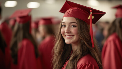 Graduation ceremony filled with graduates in red attire as a young woman beams with joy in her cap and gown