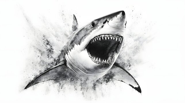 Powerful and Fierce Great White Shark Emerging from the Depths of the Ocean in a Bold Black and White Ink Sketch This Digital Art Graphic Design Captures the Predatory Nature and Aggressive Behavior