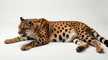 Naklejka premium A majestic spotted feline reclined on a stark white background, showcasing its striking coat pattern and powerful physique.