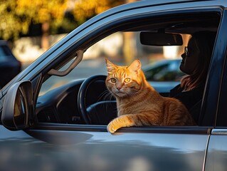 Orange Tabby Cat Rides in Car Window, Enjoying Scenic Views During Golden Hour