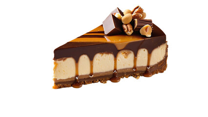 Snickers Cheesecake with Chocolate, Caramel, and Peanuts &ndash; A High-Quality PNG Image with a Transparent Background for Versatile Use