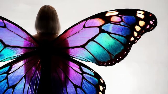 Woman with vibrant butterfly wings embodies transformation and nature in a surreal setting
