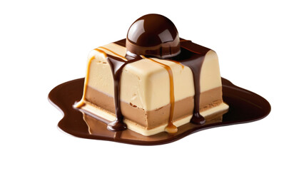 Chocolate and Vanilla Ice Cream Cake with Dripping Chocolate Sauce &ndash; A High-Quality PNG Image with a Transparent Background for Versatile Use