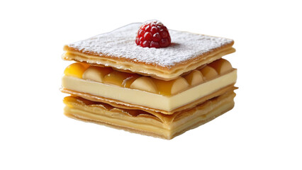 Classic Mille-Feuille Pastry with Vanilla Cream, Caramel, and Raspberry &ndash; A High-Quality PNG Image with a Transparent Background for Versatile Use