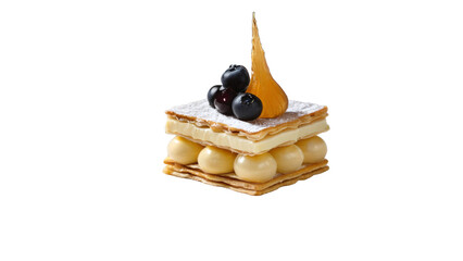 Classic Mille-Feuille Pastry with Vanilla Cream, Caramel, and Raspberry &ndash; A High-Quality PNG Image with a Transparent Background for Versatile Use
