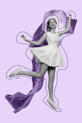 Template sketch trend artwork 3D photo collage of dancer rhythm elegance beauty contemporary pose passion art young lady jump smile