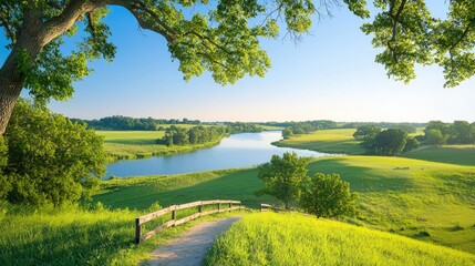 Naklejka premium Scenic River Path Sunny day, winding river, green fields, tree-lined banks; ideal for travel brochures