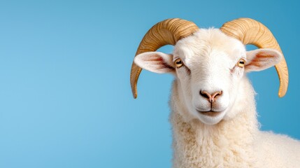 Obraz premium White ram with large curved horns looking forward against a solid blue background.