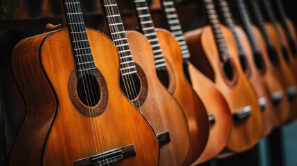 Close-up of wooden guitars displayed for sale