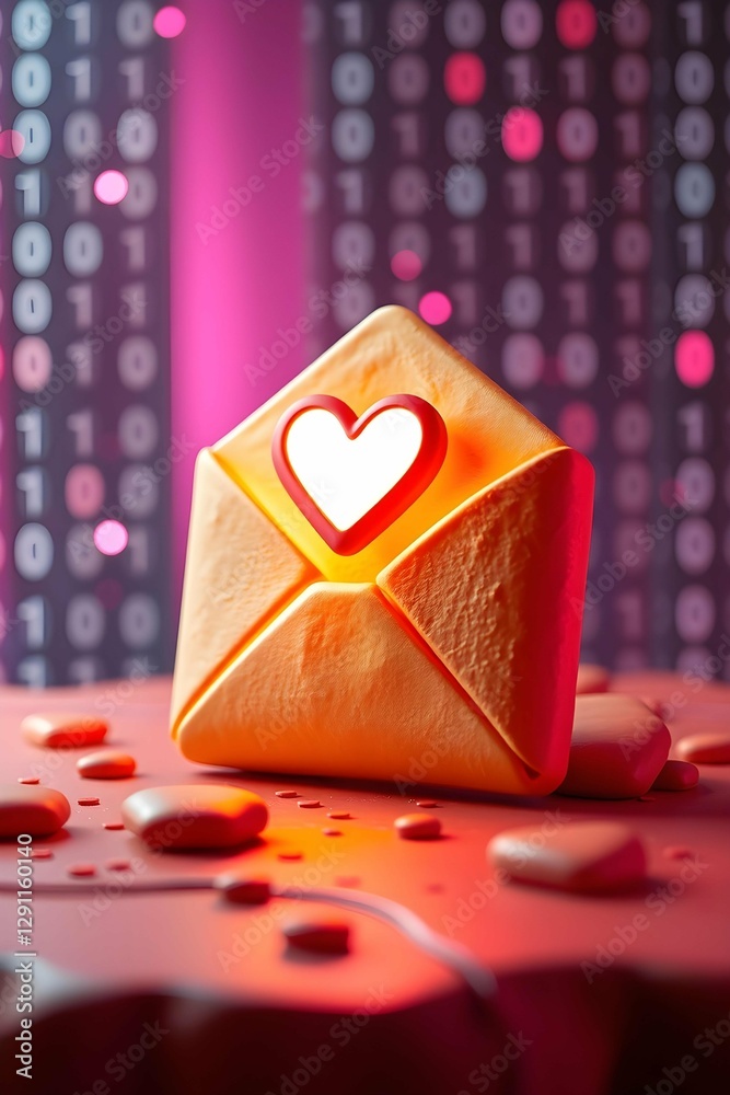 Poster a glowing envelope with a white heart, amidst digital binary code and scattered elements, symbolizes