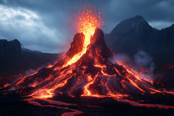 Erupting Volcano, Lava Flow, Mountain Range