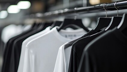 Fototapeta premium Simple Style: Black and White Clothing on Display in Retail Store, Featuring Classic Designs, Minimalist Fashion, and Modern Apparel.
