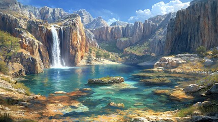 Serene Mountain Waterfall and Lake Landscape