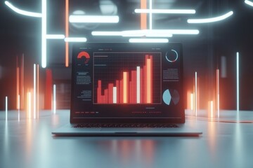 Digital stock market interface with glowing red charts and financial data