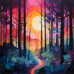Magical abstract forest with glowing elements
