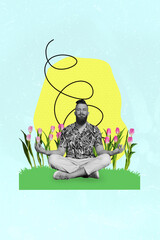 Art image vertical photo collage of serious man do yoga meditation sit lotus pose tulips flower...
