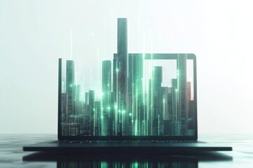 Fototapeta premium Holographic futuristic city appearing from a digital tablet screen