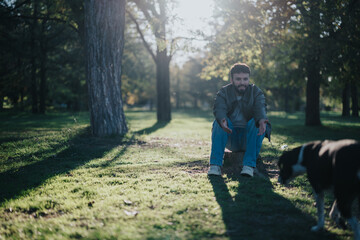 Fototapeta premium A man relaxes on a tree stump in a sunlit park, enjoying the company of his playful dog. The scene captures a peaceful moment in nature during a beautiful day.