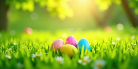 Fototapeta premium Vibrant pastel eggs nestled in a sun-drenched meadow of green grass and wildflowers