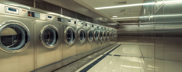 Obraz premium Modern laundry room featuring stainless steel machines in a sleek, minimalist design.
