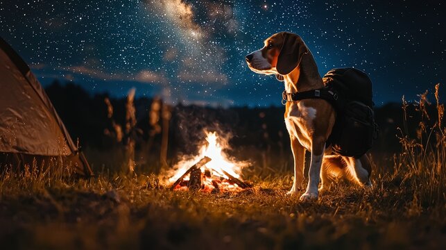 Beagle Standing Beside Campfire Under Starry Sky at Night