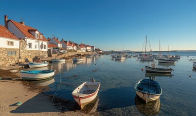 Sunny Day at a Coastal Village Harbor Tranquil Seascape with Whitewashed Houses and Boats