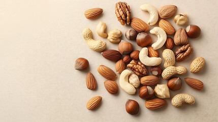A handful of different healthy nuts, minimalistic and graphic composition, soft transition of light and shadow, muted olive color of the background, shot from above