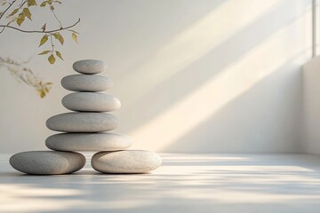 Obraz premium Zenned-out balance with stacked smooth stones in a bright white space