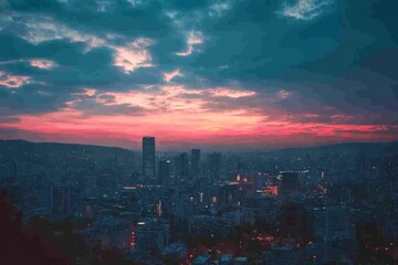 Fototapeta premium City skyline at sunset with glowing lights and deep blue sky