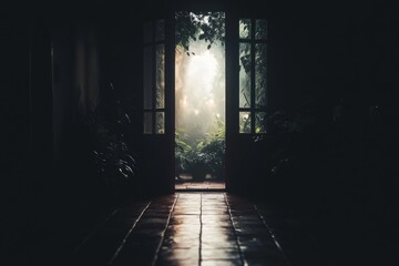 Obraz premium Mysterious dark corridor leading to bright light with eerie atmosphere