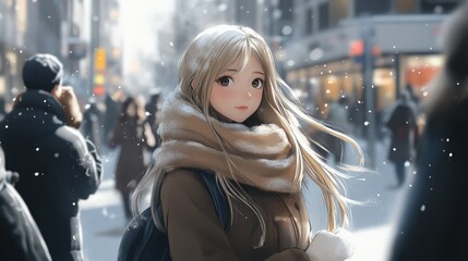 Fototapeta premium A cute anime girl with long hair and a scarf stands on the street, a city in the background, a cloudy winter day,