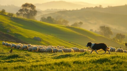 Herding Border Collie Watching Sheep on a Rolling Green Hill
