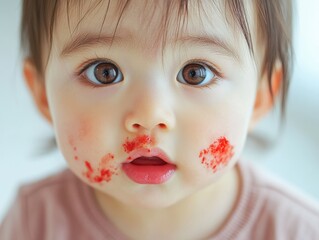 Curious child with red lipstick stains on cheeks showcasing cute expression and big brown eyes in bright indoor setting with soft natural light