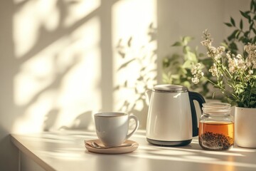 Sunlit coffee table with cup and vase in modern interior