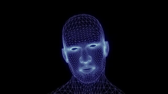 Talking mesh head. Grid head conversation. Animated speaking neon head. Speaking lines mask. 3D anination. 3D mesh.