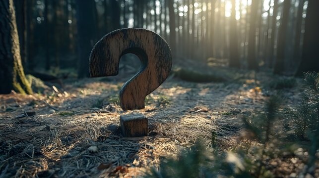 a large wooden question mark standing upright in a sunlit forest clearing, surrounded by trees and foliage, creating a mysterious and thought-provoking scene. - Powered by Adobe