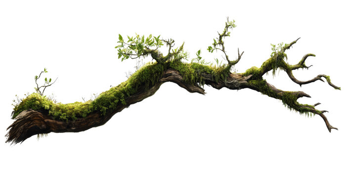 weathered tree branch, covered in patches of vibrant green moss, isolated on transparent background.